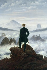 l viandante sul mare di nebbia (1818). Olio su tela del pittore romantico C.D. Friedrich