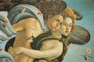 Dettagli dei venti nella lato sinistro del dipinto "Nascita di Venere" di Botticelli