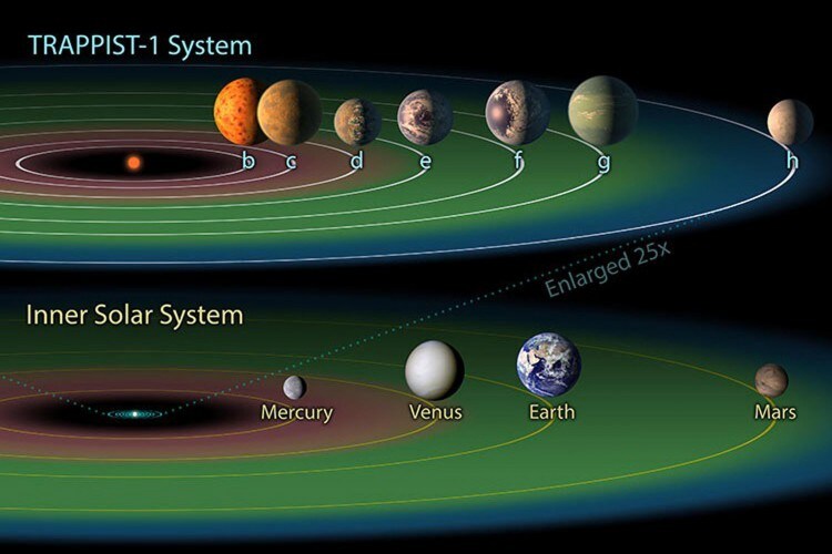 Confronto tra il sistema Trappist-1 il centro del sistema Solare