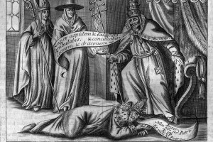 Papa Alessandro III che pesta il collo di Federico Barbarossa, dopo averlo sconfitto