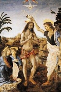 "Battesimo di Cristo" 1475-1478, di Andrea del Verrocchio, Leonardo da Vinci e altri pittori della bottega
