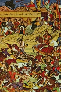 Litografia raffigurante Gengis Khan in battaglia preceduto da Gebe, uno dei suoi generali.