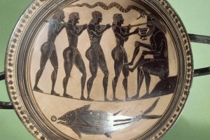 Piatto decorato con la scena di Ulisse che acceca Polifemo