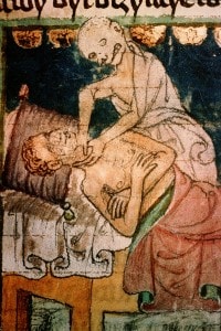 Illustrazione del 1376 circa che ritrae la morte che strangola un malato di peste