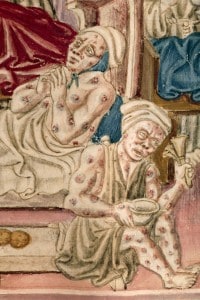 Vittime della peste in una miniatura del manoscritto del testo volgare umbro La Franceschina, del XVI secolo.