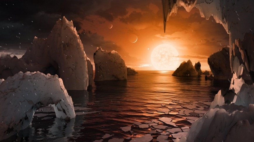 Rappresentazione di come potrebbe apparire il paesaggio stando sul pianeta Trappist-1-F