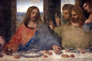 Particolare del "Cenacolo" di Leonardo. Gesù con gli apostoli Tommaso, Giacomo maggiore e Filippo
