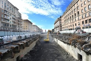 Uno dei cantieri per le opere anti alluvione a Genova aperti con i fondi stanziati dalla struttura di missione contro il rischio idrogeologico di Palazzo Chigi 'Italia Sicura'