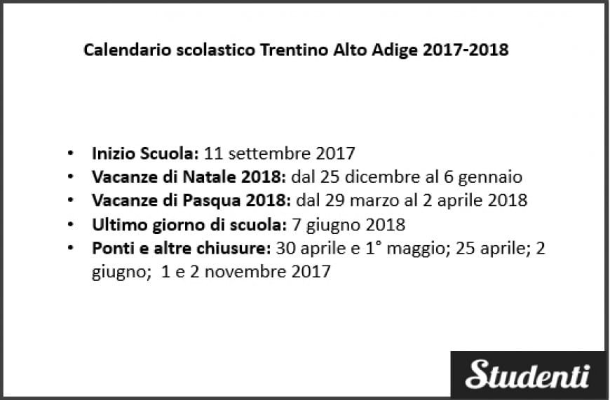 Calendario scolastico Trentino Alto Adige 2017-2018