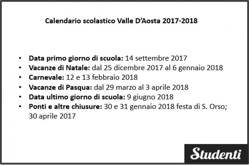 Calendario scolastico Valle D'Aosta 2017-2018