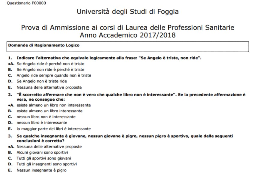 Soluzioni del test Professioni Sanitarie 2017 dell'Università di Foggia, domande di ragionamento logico 