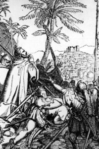 Immagine del 1150 circa che rappresenta crociati e pellegrini in preghiera alla vista di Gerusalemme
