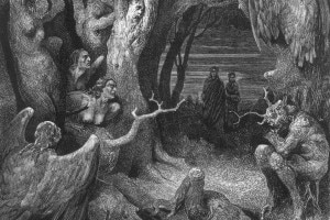 Virgilio e Dante nel bosco in cui le anime dei miserabili sono trasformate in alberi. Illustrazione di Gustave Dore