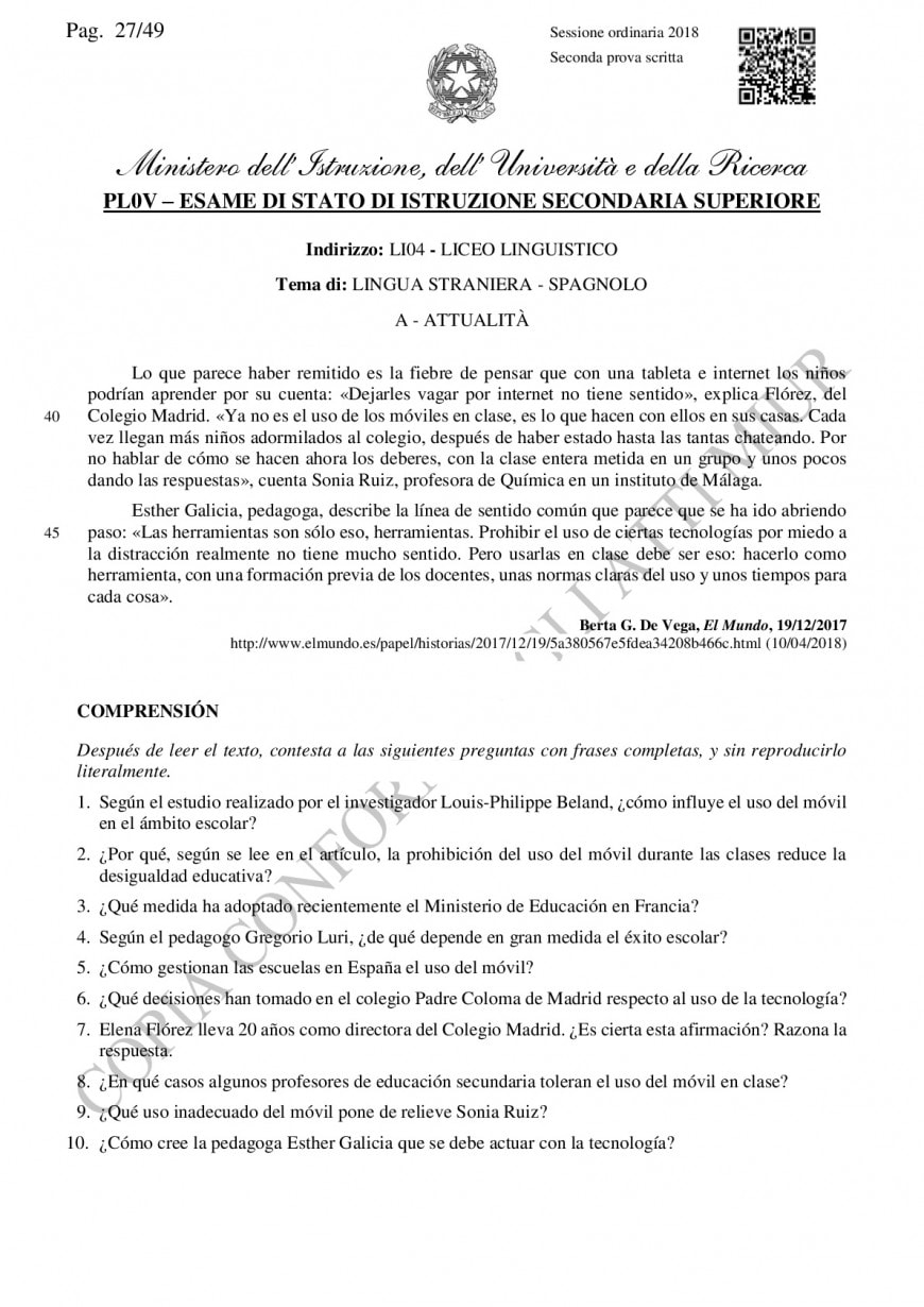 Traccia ufficiale Miur spagnolo, seconda prova 2018 liceo linguistico