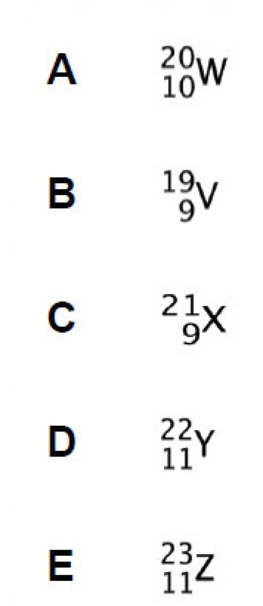 Five atoms are shown below. The letters are NOT chemical symbols.