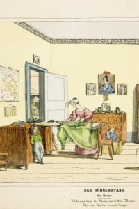La borghesia, una litografia che rappresenta una madre che svolge i lavori di casa