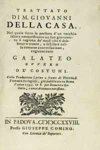 Copertina del "Galateo" di Giovanni Della Casa. Edizione Padova, 1728
