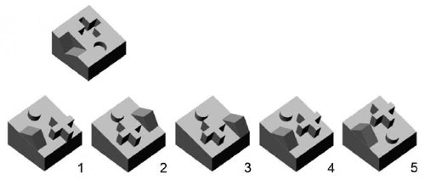 Quale delle figure solide in basso, capovolta e unita a quella in alto, può ricostituire il cubo completo?