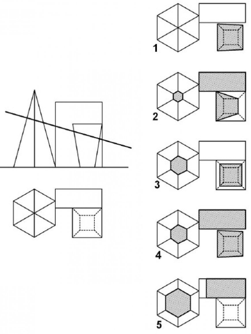 Facendo riferimento al piano sezione che taglia la composizione di solidi rappresentati in pianta e prospetto, individuare la pianta sezionata corretta.