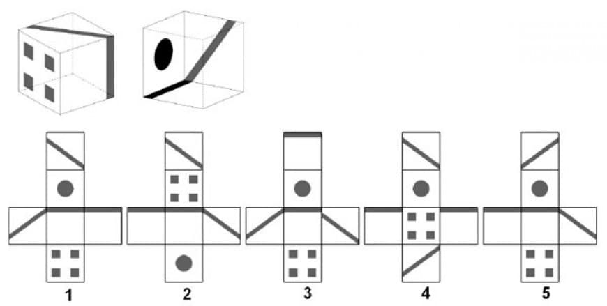 Date due viste di un cubo le cui facce hanno delle figure, individuare il corretto sviluppo.