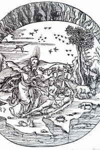 Illustrazione che raffigura il concetto di Talete: secondo il filosofo la Terra galleggiava sull'acqua
