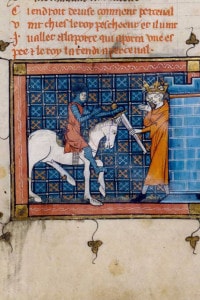 Perceval arriva al Castello del Graal. Da "Perceval o il racconto del Graal" di Chrétien de Troyes, 1330. Bibliothèque Nationale de France