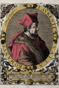 Lorenzo Valla o Laurentius Vallensis. Umanista e filosofo italiano. Incizione di fine XVI secolo