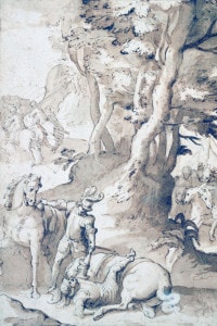 Un cavaliere che salva un cavaliere caduto. Disegno preparatorio di B. Castello per illustrare la poesia Amedeide di Gabriello Chiabrera
