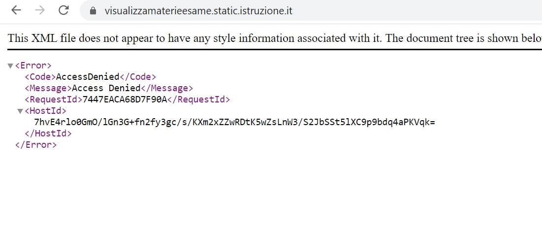 Il messaggio di errore sul sito del Miur