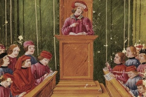 Pietro d'Anzola durante una lezione di legge presso l'Università di Bologna