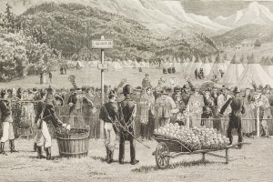 Distribuzione di cibo e acqua ai viaggiatori in quarantena a Bardonecchia (Torino) durante l'epidemia di Colera nel 1884