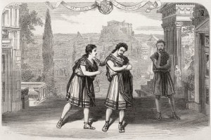 Trinummus di Plauto, spettacolo di Westminster a Londra. Illustrazione della rivista "The Illustrated London News"