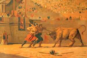 I secolo a.C. Festa in onore di Giulio Cesare nel circo romano. Gladiatori che combattono contro un toro