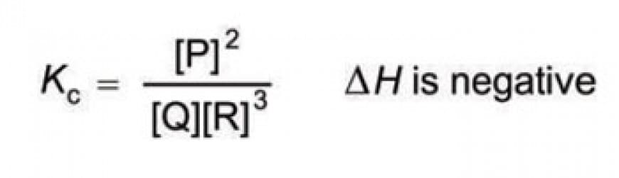 P, Q and R represent substances involved in a gaseous reaction. The equilibrium constant (K c) and the sign of the enthalpy change for the reaction are: