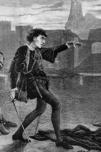 Scena dell'Amleto di Shakespeare al Lyceum Theatre con Henry Irving