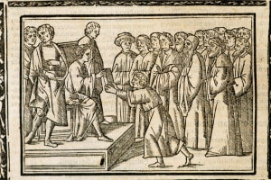 Marziale (40-102) che consegna una copia della sua opera all'imperatore Nerone. Incisione italiana del 1514