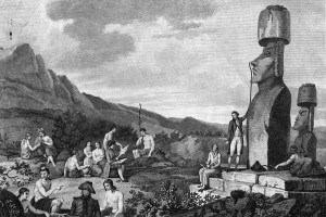 Incisione che raffigura esploratori europei sull'Isola di Pasqua mentre misurano e registrano statue, 1786
