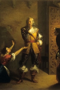 Lucia inginocchiata davanti all'Innominato con un bravo che li guarda. Dipinto di Michelangelo Grigoletti
