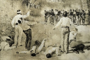 I fratelli Attilio ed Emilio Bandiera, patrioti italiani, durante la sparatoria nella valle di Rovito, 25 luglio 1844