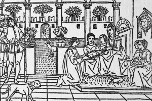 Xilografia raffigurante Masuccio Salernitano (1410-1475) che presenta il suo "Novellino" ad una nobildonna