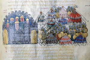 Miniatura che raffigura i musulmani che assediano la città bizantina di Messina in Sicilia