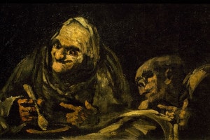 Due vecchi che mangiano la zuppa di Francisco Goya. Pittura murale della "Quinta del Sordo". 49x83 cm. Madrid, Museo del Prado