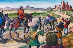 Gruppo di mercanti che si recano in un castello accompagnati da giullari. Europa, IX-XII secolo