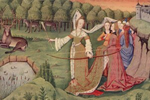 Un gruppo di donne nel parco di un castello. Una di loro si prepara a colpire un cervo, 1450 circa