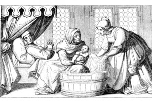 Ostetrica che fa il bagno al bambino appena nato in epoca medievale