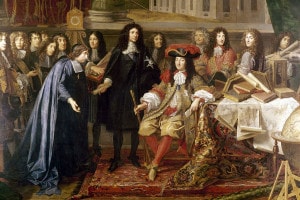 Académie des Sciences di Parigi. Nell'immagine: Luigi XIV, Jean-Baptiste Colbert e Charles Perrault