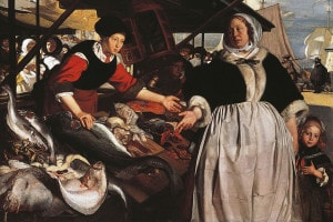 Adriana van Heusden e la figlia al nuovo mercato del pesce di Amsterdam, 1662 circa