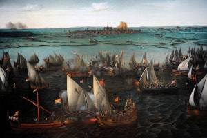 Una battaglia tra navi olandesi e spagnole sull'Haarlemmermeer (1629) in un dipinto di Hendrik Cornelisz Vroom