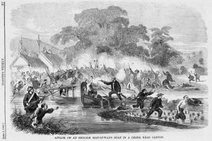 Attacco cinese ai marinai inglesi, vicino Canton, durante la ribellione dei Taiping, una guerra iniziata da Hong Xiuquan