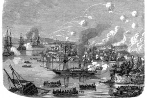 Veduta del bombardamento del porto di Canton durante la seconda guerra dell'oppio